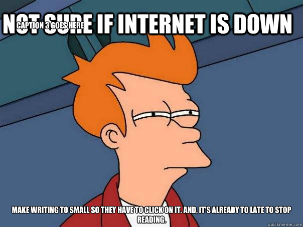 Not Sure if internet is down Make writing to small so they have to click on it. And, it's already to late to stop reading. Caption 3 goes here  Futurama Fry