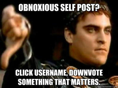 Obnoxious self post? Click username, downvote something that matters.   