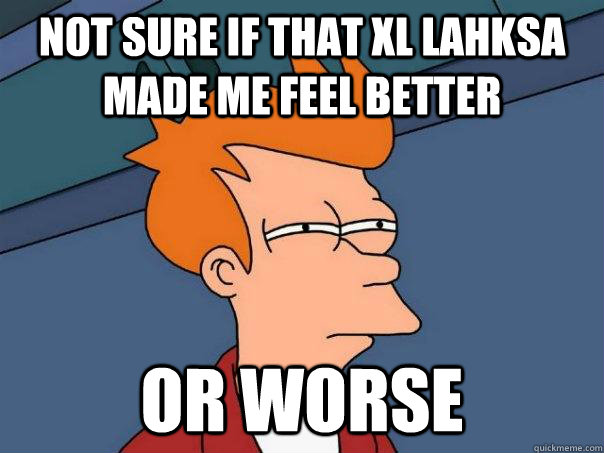 not sure if that xl lahksa made me feel better or worse - not sure if that xl lahksa made me feel better or worse  Futurama Fry