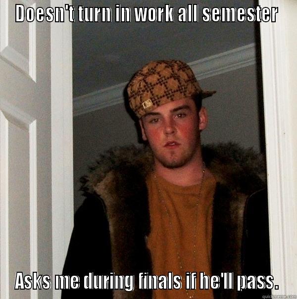 DOESN'T TURN IN WORK ALL SEMESTER ASKS ME DURING FINALS IF HE'LL PASS. Scumbag Steve