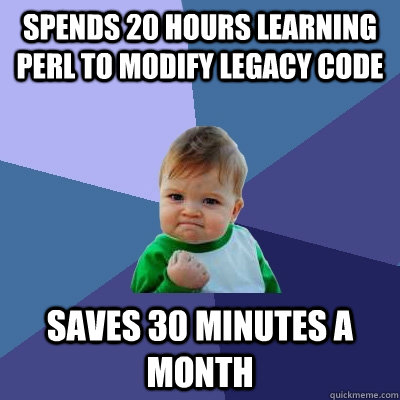 Spends 20 hours learning perl to modify legacy code saves 30 minutes a month  Success Kid