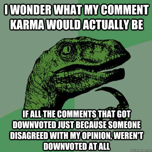 I wonder what my comment karma would actually be If all the comments that got downvoted just because someone disagreed with my opinion, weren't downvoted at all  Philosoraptor