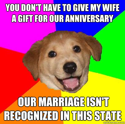 you don't have to give my wife a gift for our anniversary   our marriage isn't recognized in this state  Advice Dog