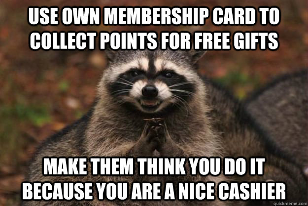 use own membership card to collect points for free gifts make them think you do it because you are a nice cashier  Evil Plotting Raccoon