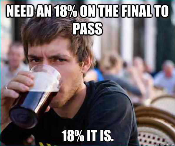 Need an 18% on the final to pass 18% it is.  Lazy College Senior