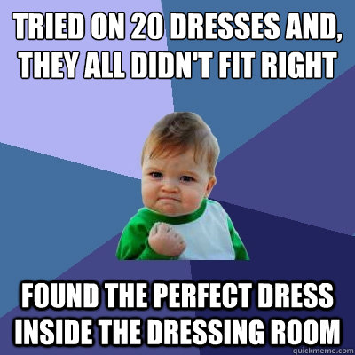 Tried on 20 dresses and, they all didn't fit right Found the perfect dress inside the dressing room  Success Kid