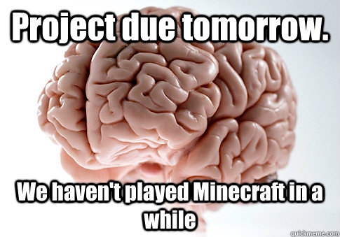 Project due tomorrow. We haven't played Minecraft in a while  Scumbag Brain