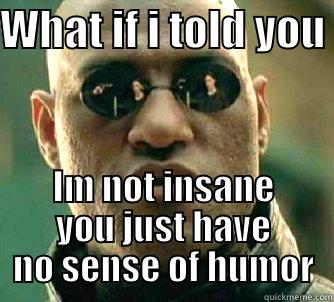 WHAT IF I TOLD YOU  IM NOT INSANE YOU JUST HAVE NO SENSE OF HUMOR Matrix Morpheus