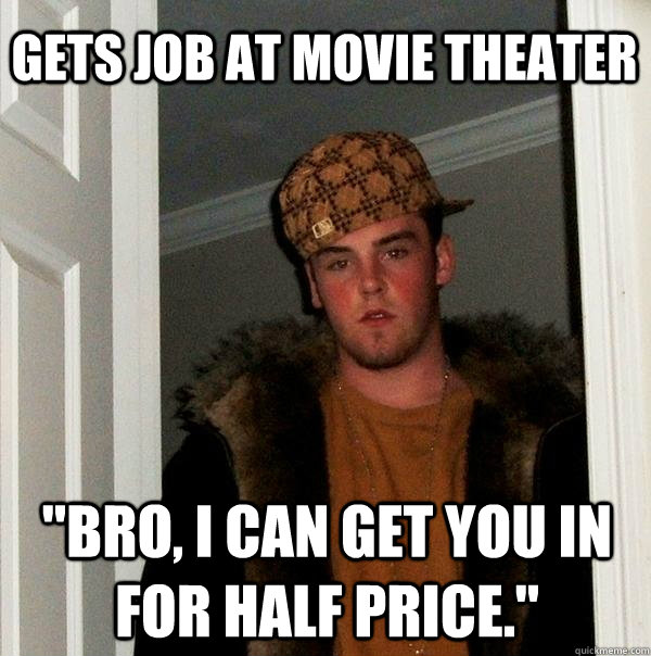 gets job at movie theater 