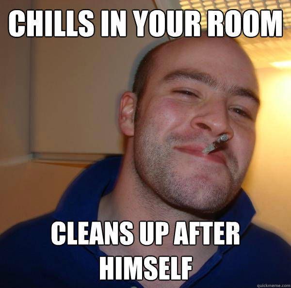 chills in your room Cleans up after himself  