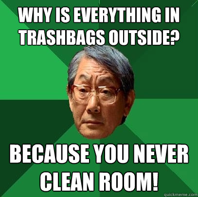 Why is everything in trashbags outside? Because you never clean room!  High Expectations Asian Father