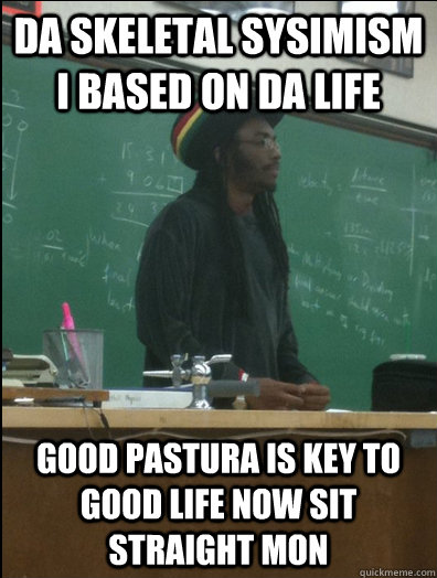 Da skeletal sysimism i based on da life good pastura is key to good life now sit straight mon  Rasta Science Teacher