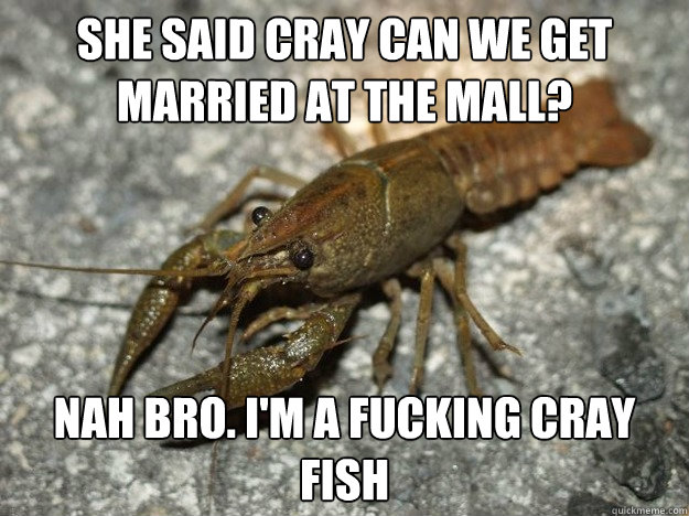 She said Cray can we get married at the mall?
 nah bro. i'm a fucking cray fish
  that fish cray