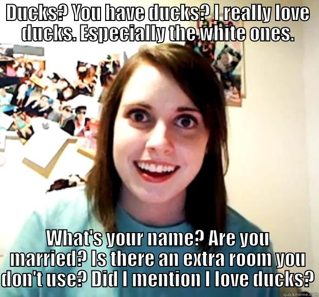 Ducks? You have ducks? - DUCKS? YOU HAVE DUCKS? I REALLY LOVE DUCKS. ESPECIALLY THE WHITE ONES. WHAT'S YOUR NAME? ARE YOU MARRIED? IS THERE AN EXTRA ROOM YOU DON'T USE? DID I MENTION I LOVE DUCKS? Overly Attached Girlfriend