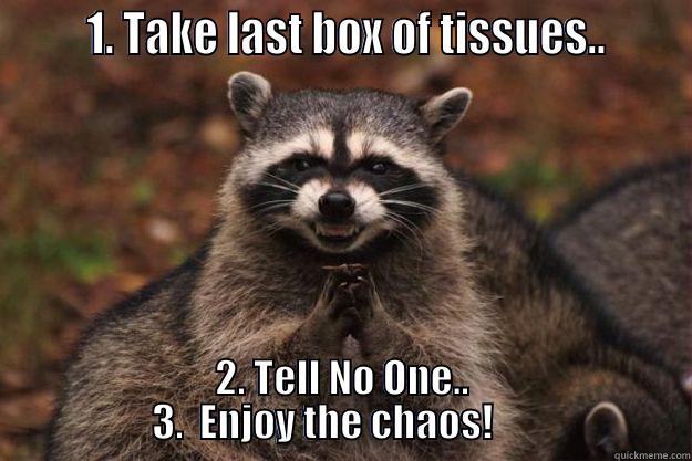       1. TAKE LAST BOX OF TISSUES..      2. TELL NO ONE..               3.  ENJOY THE CHAOS!                    Evil Plotting Raccoon