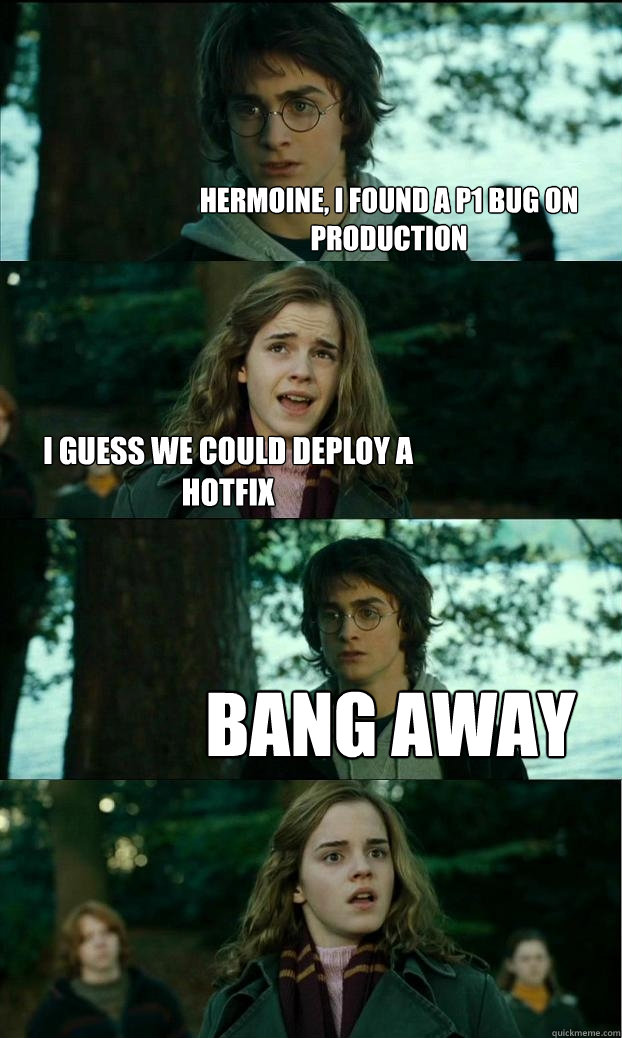 hermoine, i found a P1 bug on production I guess we could deploy a hotfix bang away  Horny Harry