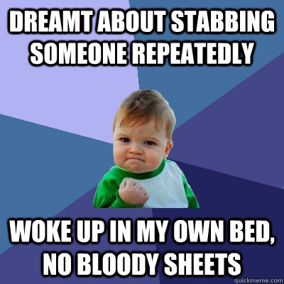 Dreamt about stabbing someone repeatedly Woke up in my own bed, no bloody sheets  Success Kid