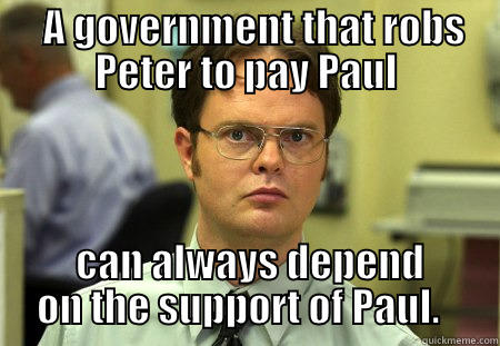   A GOVERNMENT THAT ROBS PETER TO PAY PAUL  CAN ALWAYS DEPEND ON THE SUPPORT OF PAUL.   Schrute