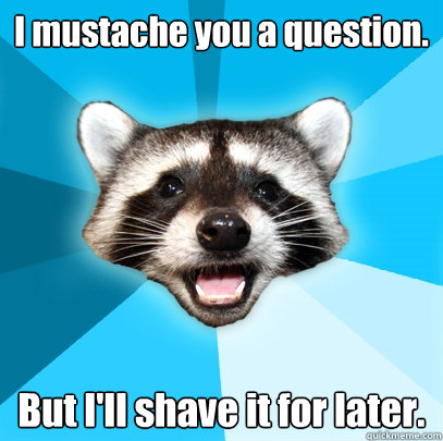 I mustache you a question. But I'll shave it for later.  Lame Pun Coon