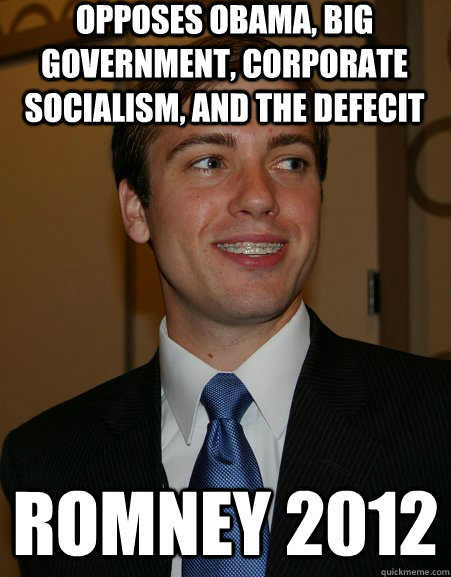 Opposes Obama, big government, corporate socialism, and the defecit Romney 2012  College Republican