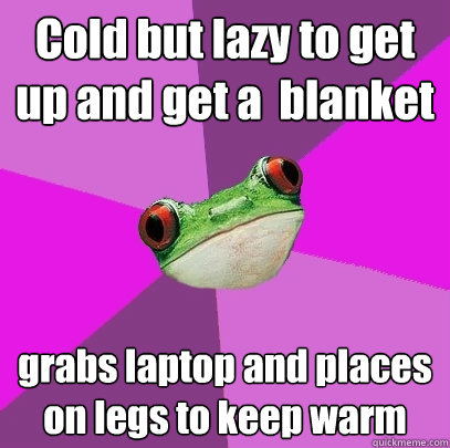 Cold but lazy to get up and get a  blanket grabs laptop and places on legs to keep warm   Foul Bachelorette Frog