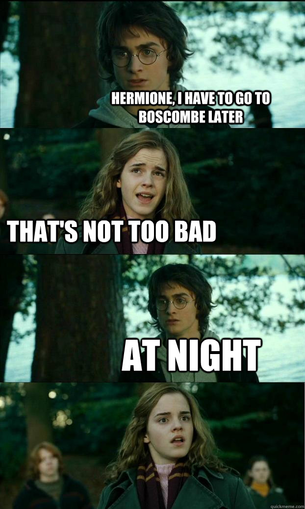 Hermione, i have to go to Boscombe later that's not too bad AT NIGHT  Horny Harry