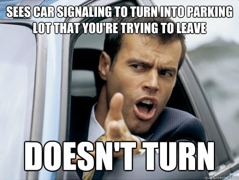 sees car signaling to turn into parking lot that you're trying to leave doesn't turn  Asshole driver