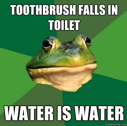 Toothbrush falls in toilet Water is water  Foul Bachelor Frog