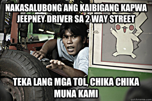 nakasalubong ang kaibigang kapwa jeepney driver sa 2 way street teka lang mga tol, chika chika muna kami  Jeepney driver