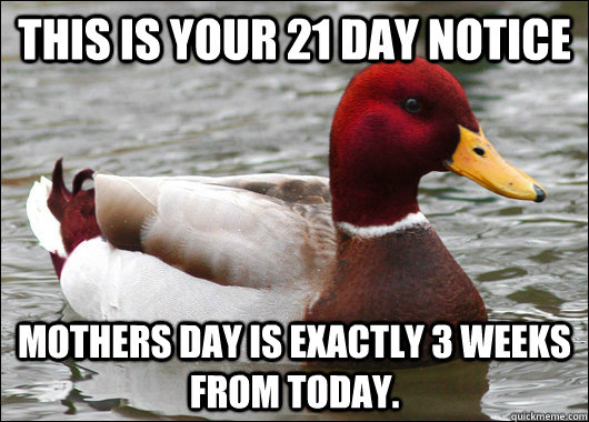 this is your 21 day notice mothers day is exactly 3 weeks from today.  Malicious Advice Mallard