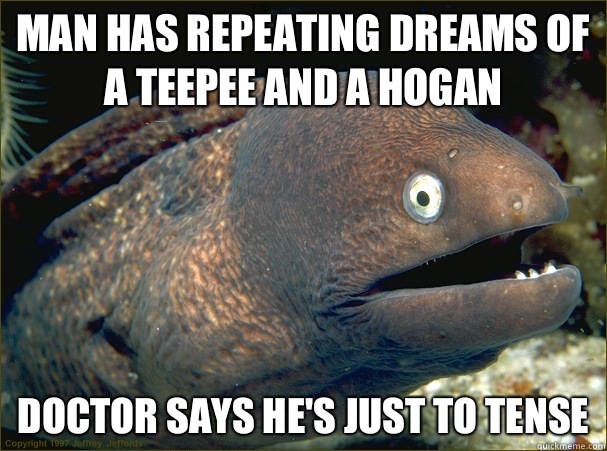 Man has repeating dreams of a teepee and a hogan Doctor says he's just to tense  Bad Joke Eel