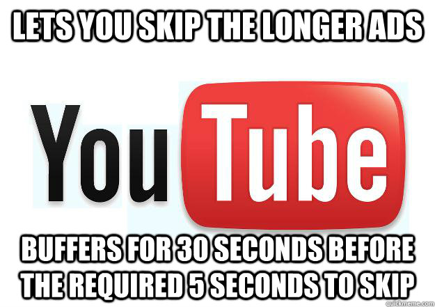 Lets you skip the longer ads buffers for 30 seconds before the required 5 seconds to skip  Scumbag Youtube