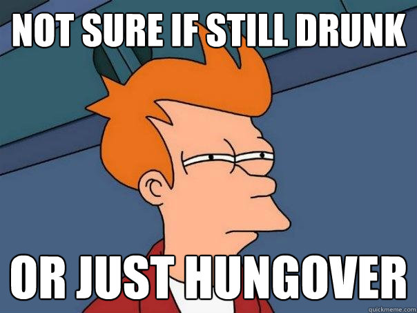 not sure if still drunk or just hungover  Futurama Fry