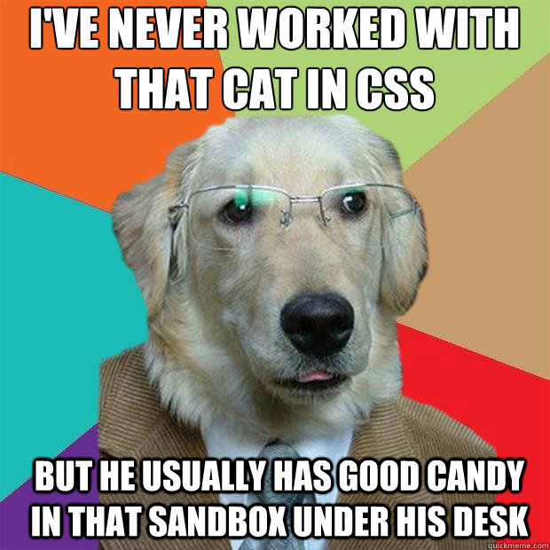 I've never worked with that cat in CSS
 but he usually has good candy in that sandbox under his desk  Business Dog