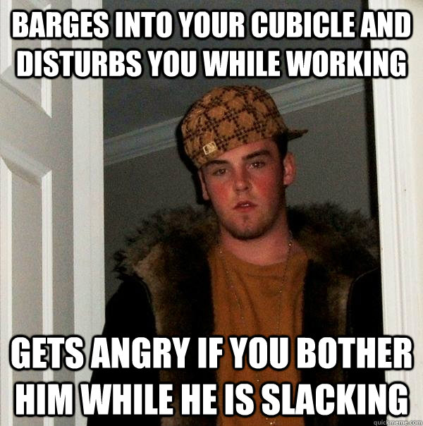 Barges into your cubicle and disturbs you while working Gets Angry if you bother him while he is slacking  Scumbag Steve