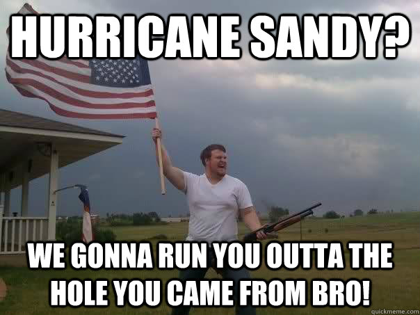Hurricane Sandy? We gonna run you outta the hole you came from bro!  Overly Patriotic American