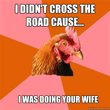 i didn't cross the road cause... i was doing your wife  Anti-Joke Chicken