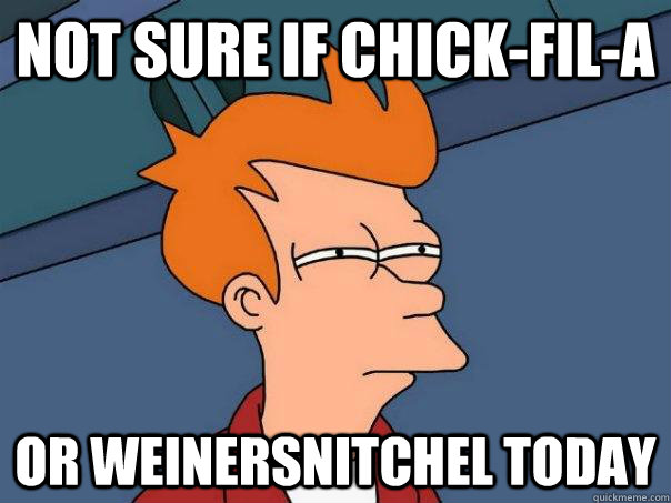 not sure if chick-fil-a or weinersnitchel today  Futurama Fry