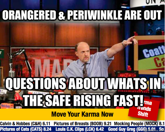 Orangered & Periwinkle are out questions about whats in the safe rising fast!  Mad Karma with Jim Cramer