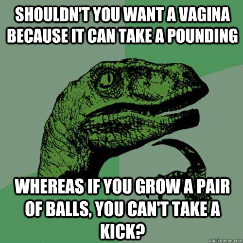 Shouldn't you want a vagina because it can take a pounding whereas if you grow a pair of balls, you can't take a kick?  Philosoraptor