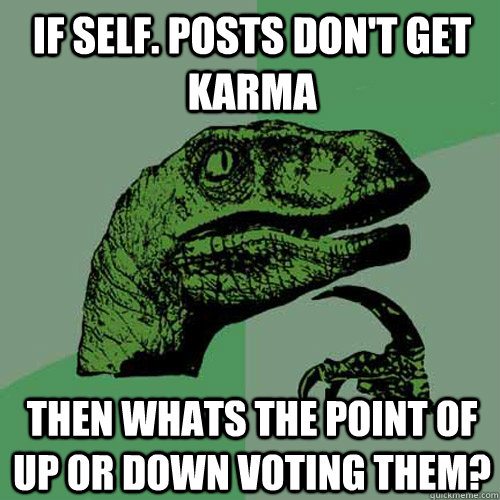 If Self. Posts don't get karma Then whats the point of up or down voting them?  Philosoraptor