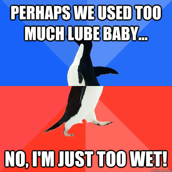 Perhaps we used too much lube Baby... No, I'm just too wet!  Socially Awkward Awesome Penguin