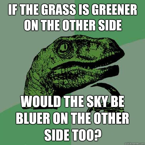 If the grass is greener on the other side Would the sky be bluer on the other side too? - If the grass is greener on the other side Would the sky be bluer on the other side too?  Philosoraptor