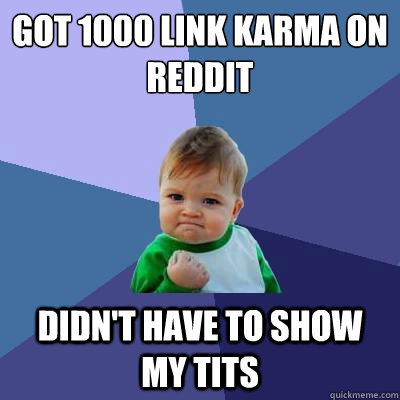 got 1000 link karma on reddit didn't have to show my tits  Success Kid