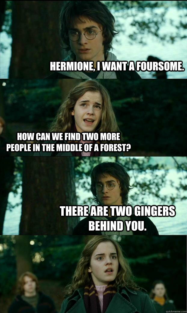 Hermione, i want a foursome. how can we find two more people in the middle of a forest? there are two gingers behind you.  Horny Harry