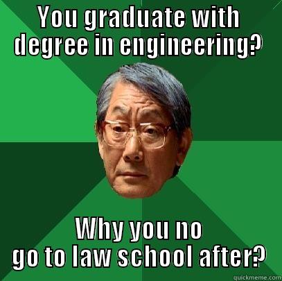 My mom's expectations of me (and she is white, however I want to be a lawyer so I kinda agree with her)  - YOU GRADUATE WITH DEGREE IN ENGINEERING? WHY YOU NO GO TO LAW SCHOOL AFTER? High Expectations Asian Father