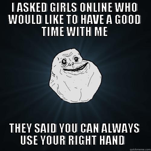 I ASKED GIRLS ONLINE WHO WOULD LIKE TO HAVE A GOOD TIME WITH ME THEY SAID YOU CAN ALWAYS USE YOUR RIGHT HAND   Forever Alone