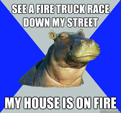 See a fire truck race down my street my house is on fire  Skeptical Hippo