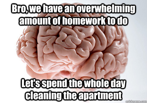 Bro, we have an overwhelming amount of homework to do Let's spend the whole day cleaning the apartment  Scumbag Brain