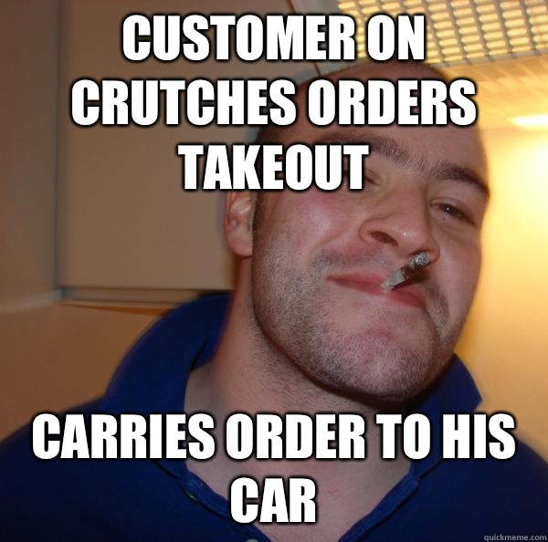 Customer on crutches orders takeout Carries order to his car - Customer on crutches orders takeout Carries order to his car  Misc